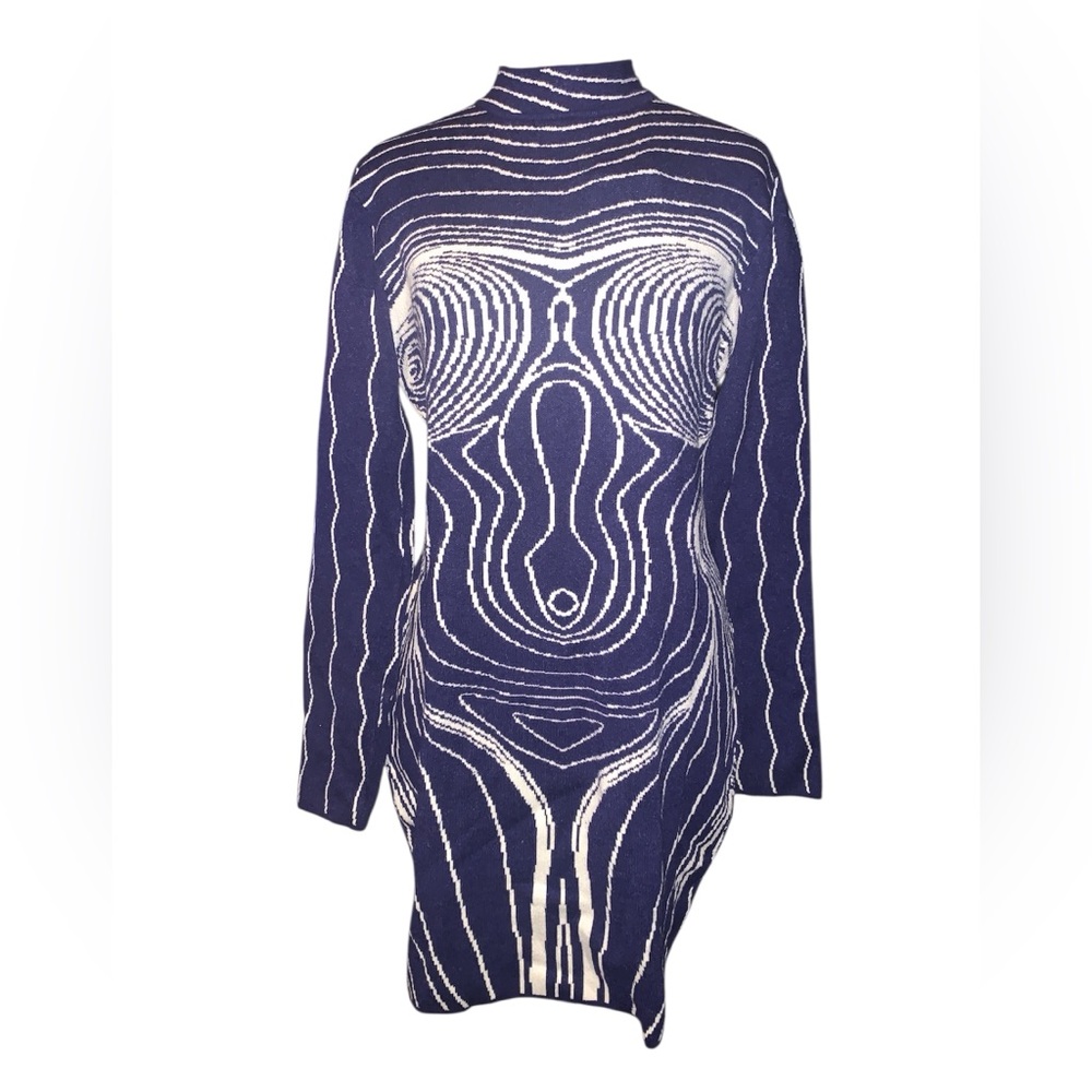 Fashion Nova 1X sexy body con Blue an White Long Sleeve abstract body art dress